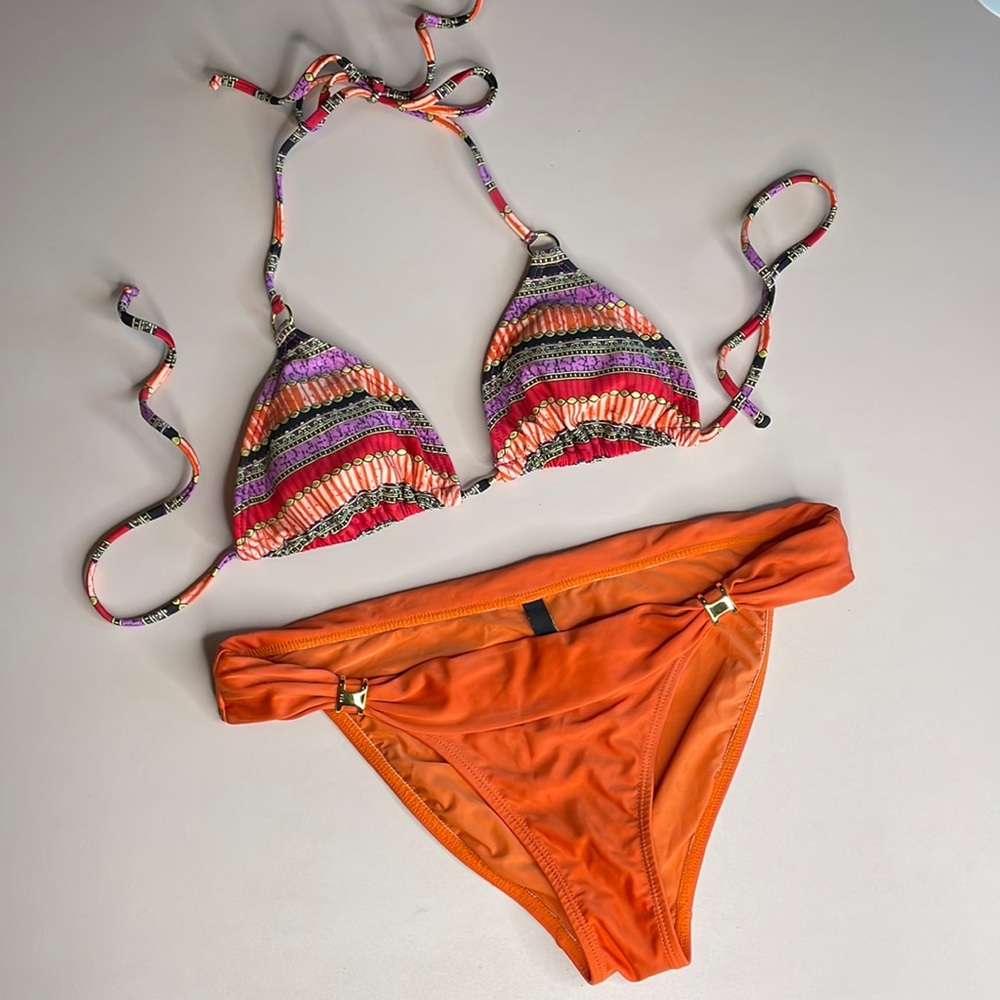 2 Piece bikini swimsuit- orange bottoms, gypsy print triangle top